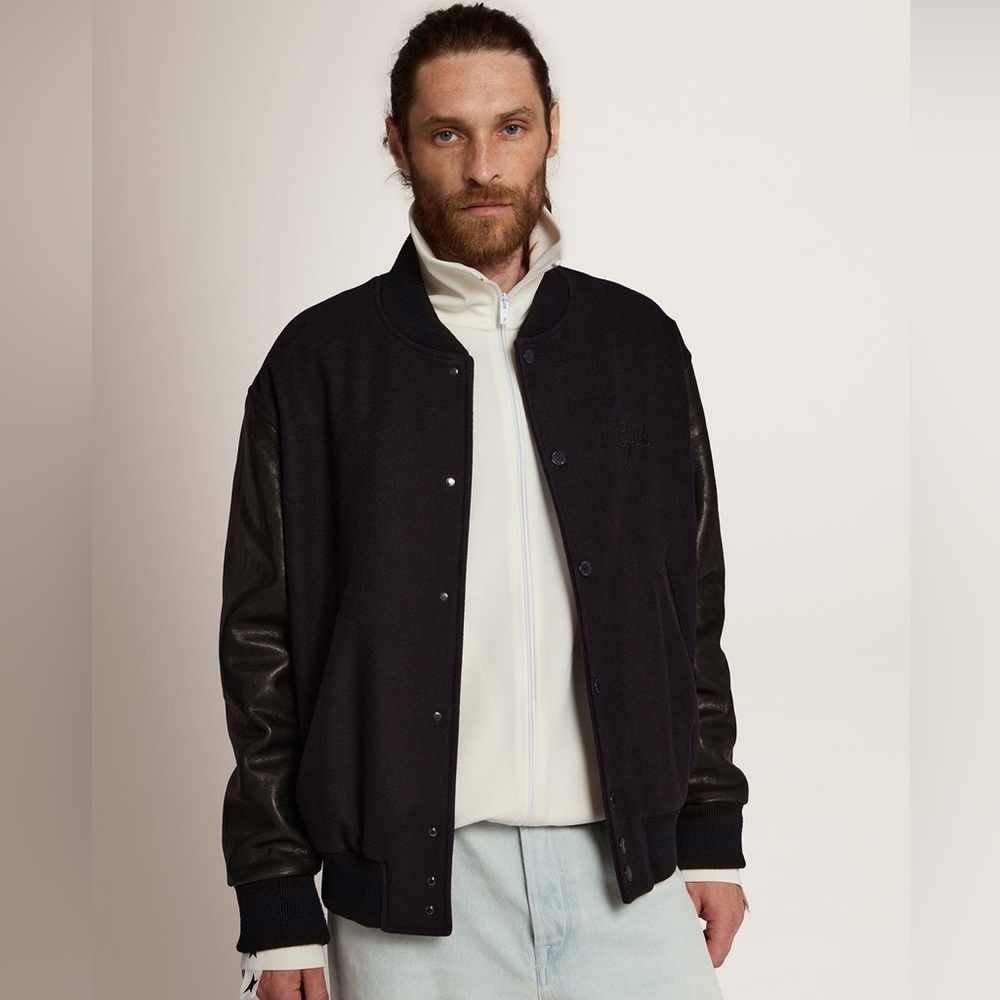 Golden Goose Bomber jacket in dark blue wool & leather sleeves
